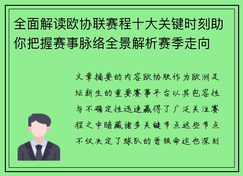 全面解读欧协联赛程十大关键时刻助你把握赛事脉络全景解析赛季走向
