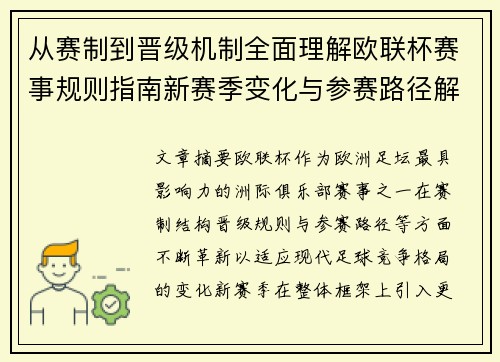 从赛制到晋级机制全面理解欧联杯赛事规则指南新赛季变化与参赛路径解析