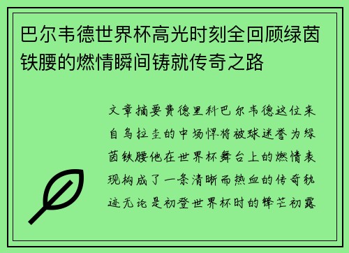 巴尔韦德世界杯高光时刻全回顾绿茵铁腰的燃情瞬间铸就传奇之路 巴尔韦德世界杯高光时刻全回顾绿茵铁腰的燃情瞬间铸就传奇之路