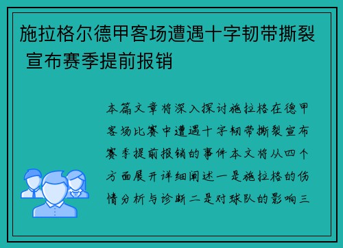 施拉格尔德甲客场遭遇十字韧带撕裂 宣布赛季提前报销